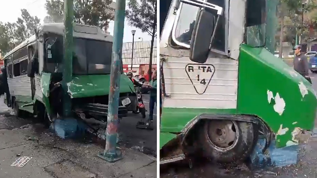 VIDEO Camión del transporte público se impacta contra un poste de luz; hay 9 lesionados
