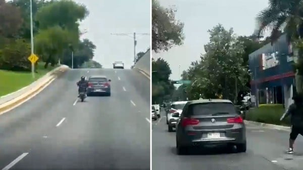 VIDEO Captan cuando motociclista arroja su casco contra un auto en pleito vial