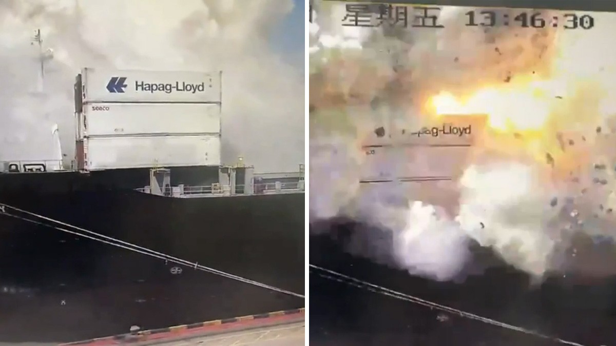 VIDEO Captan potente explosión de un contenedor sobre un barco anclado en un puerto