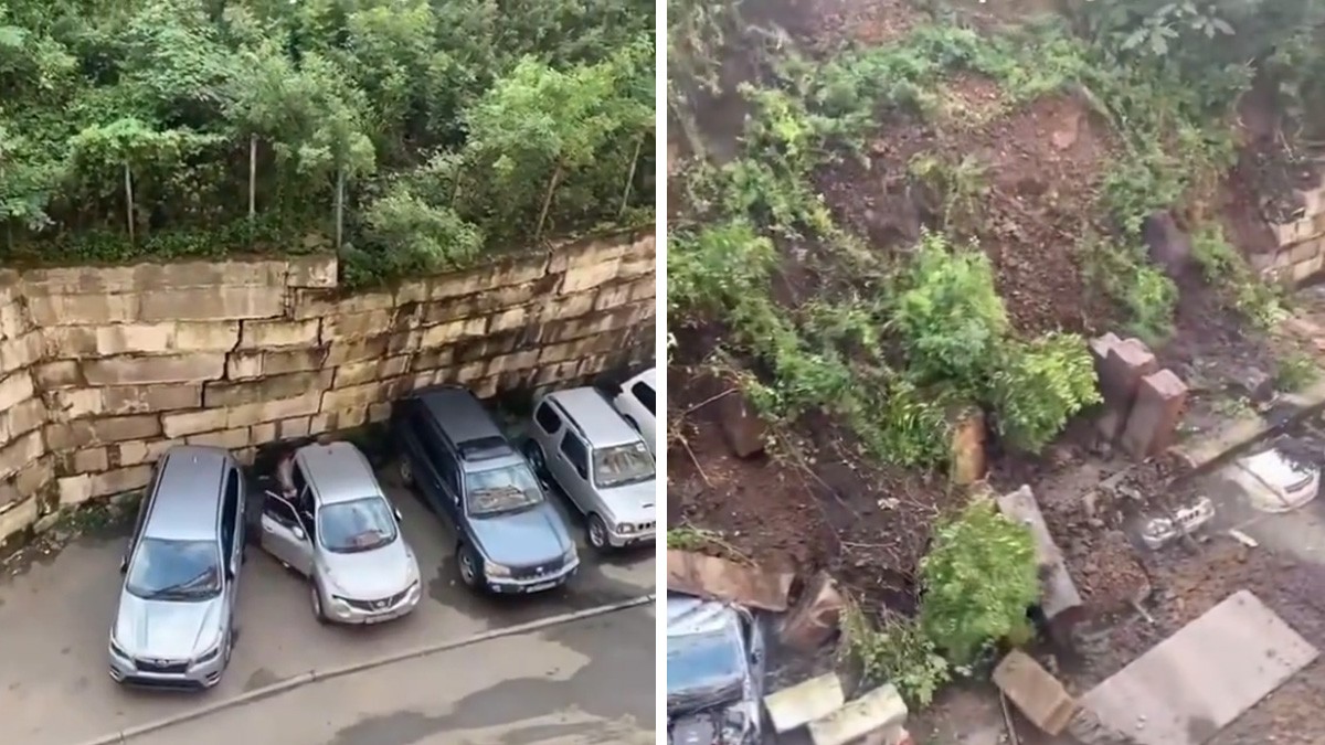 VIDEO ¡Alcanzó a salvar su coche! Captan cuando muro se derrumba y sepulta varios autos