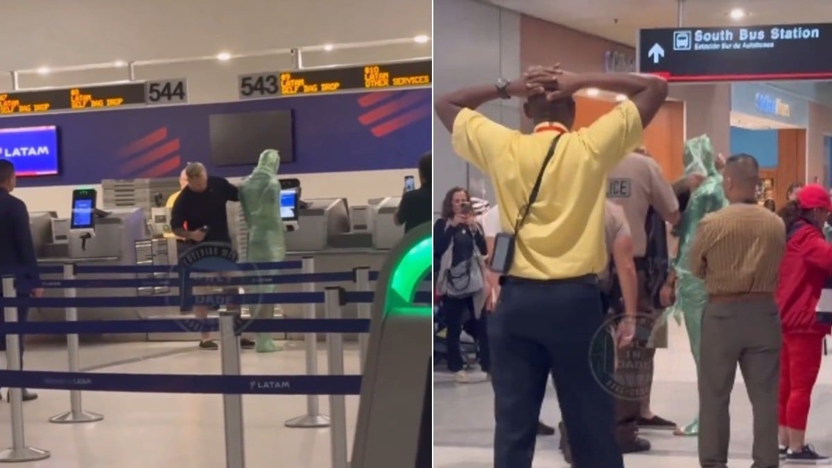 VIDEO: Hombre llega envuelto en plástico al aeropuerto para intentar pasar como equipaje
