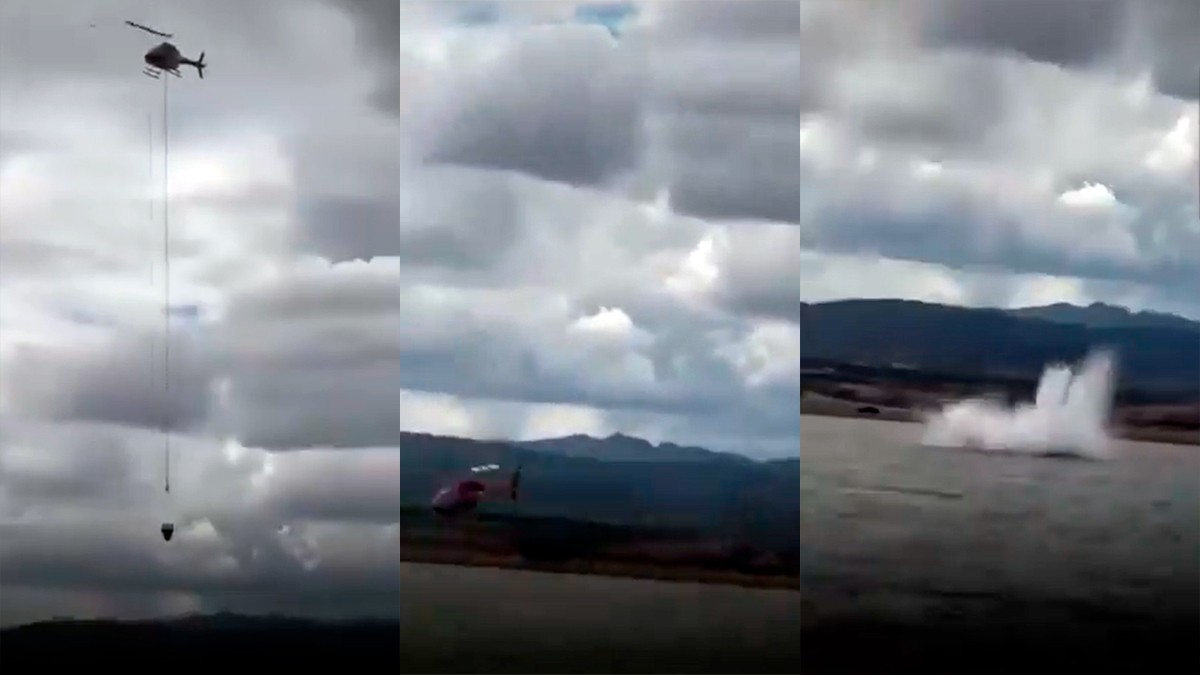 VIDEO Captan caída de helicóptero que recolectaba agua de una presa, rescatan a 3 personas