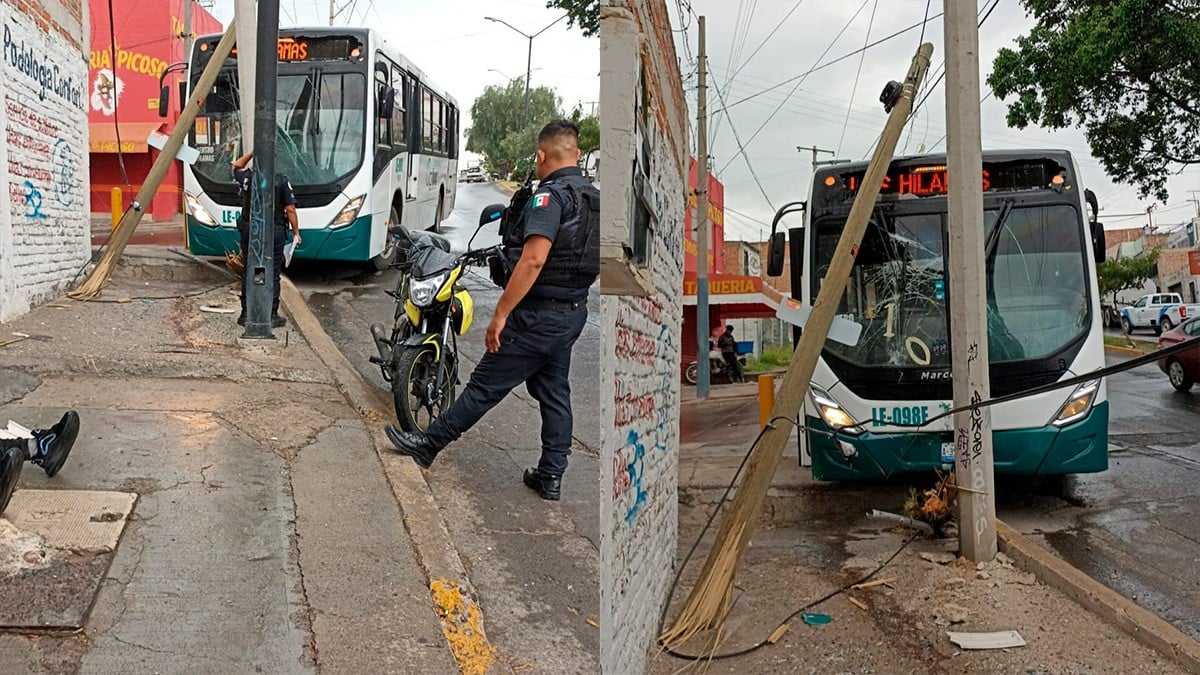 Camión urbano choca contra postes al esquivar motociclistas en la colonia El Salto