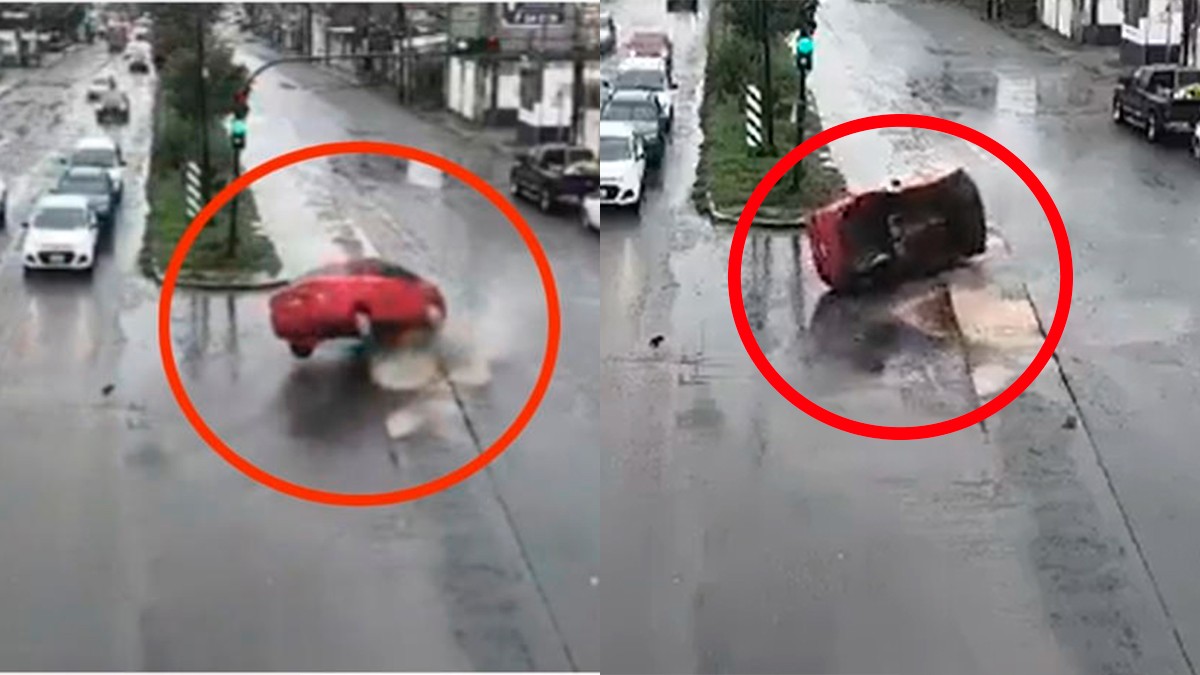 VIDEO Enorme bache provoca que carro volcara al circular sobre bulevar