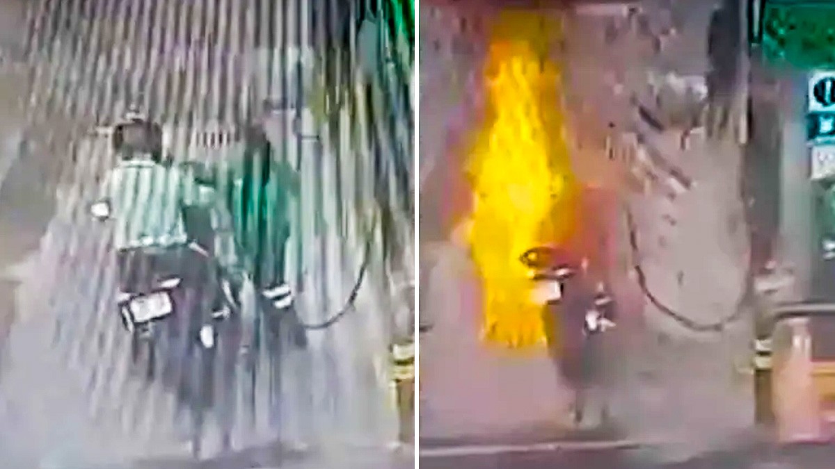 VIDEO Captan cuando motocicleta se incendia mientras cargaba gasolina