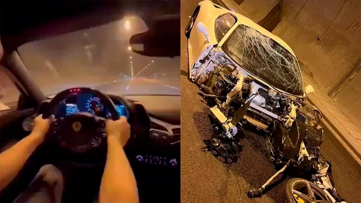 VIDEO Se graba conduciendo lujoso Ferrari de 8 mdp y choca, destrozó el carro