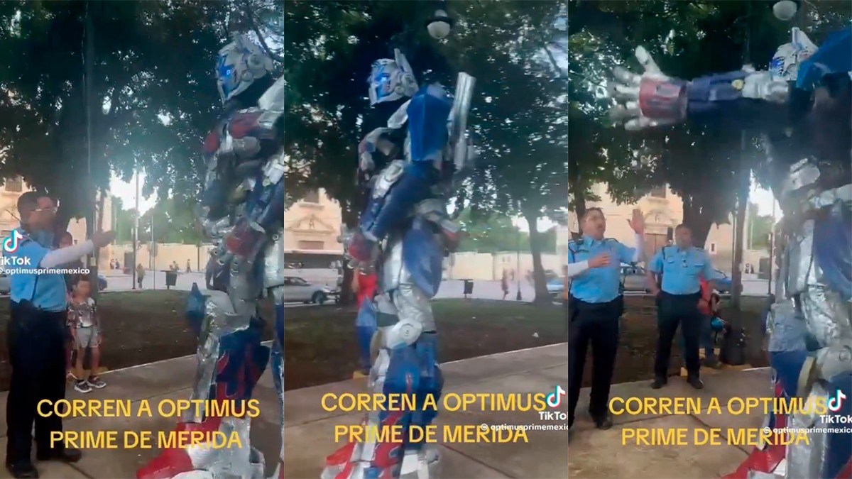 VIDEO Captan pelea entre un policía y 'Optimus Prime' en un parque; te contamos por qué