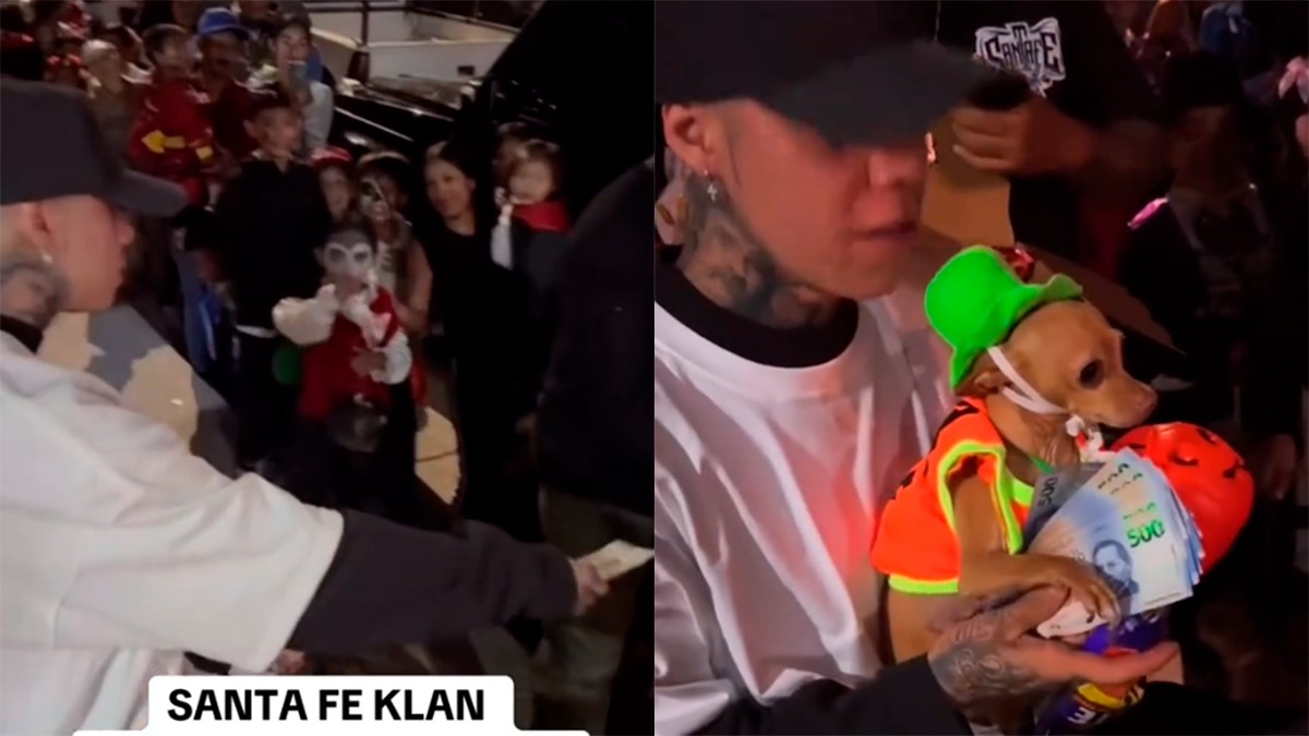 VIDEO Santa Fe Klan sorprende al dar calaverita a los niños: repartió dulces y billetes de 500