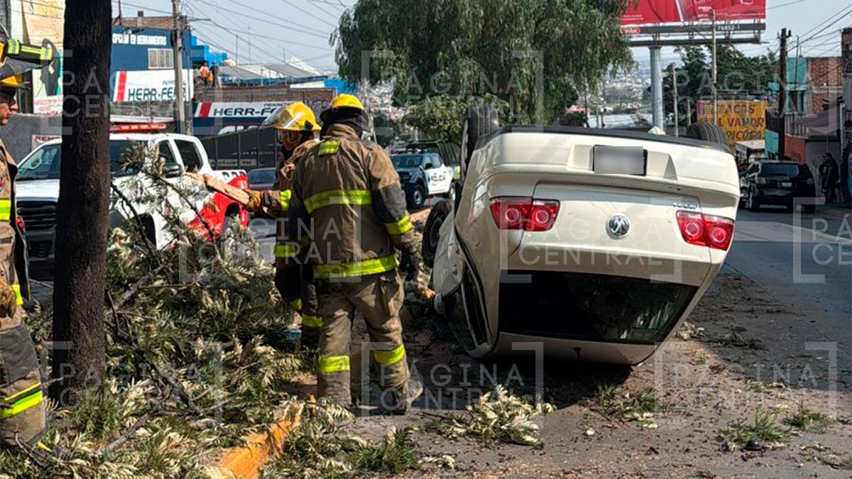 Marcos perdió el control de su carro, se subió a la banqueta y volcó tras chocar con árbol