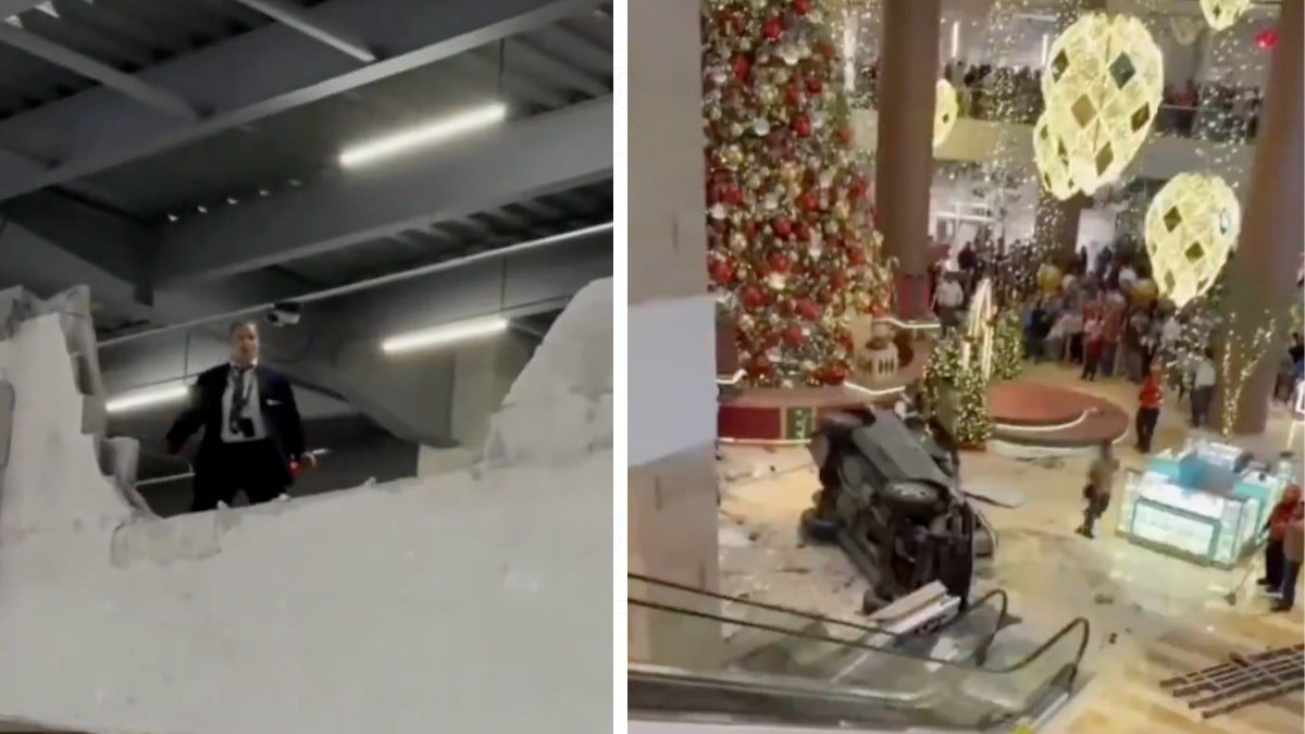 VIDEO Cae auto de varios pisos en centro comercial y golpea a cliente que caminaba