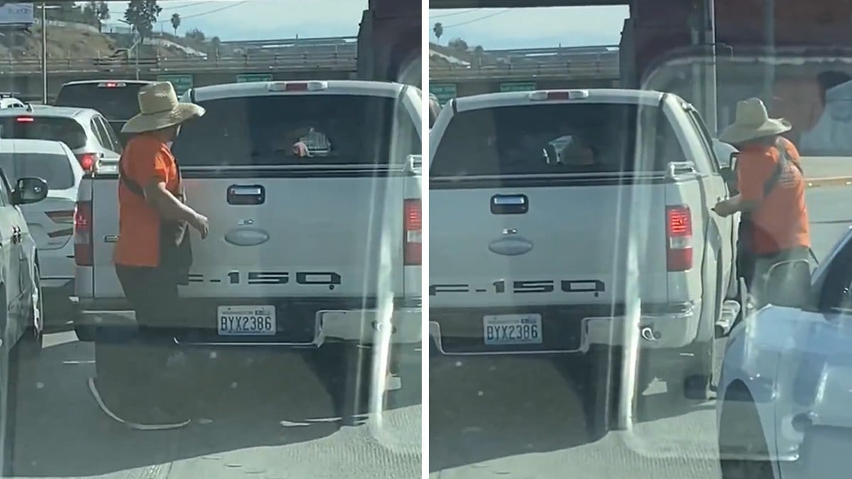 VIDEO Captan cuando vendedor ambulante poncha llantas y raya camioneta en circulación