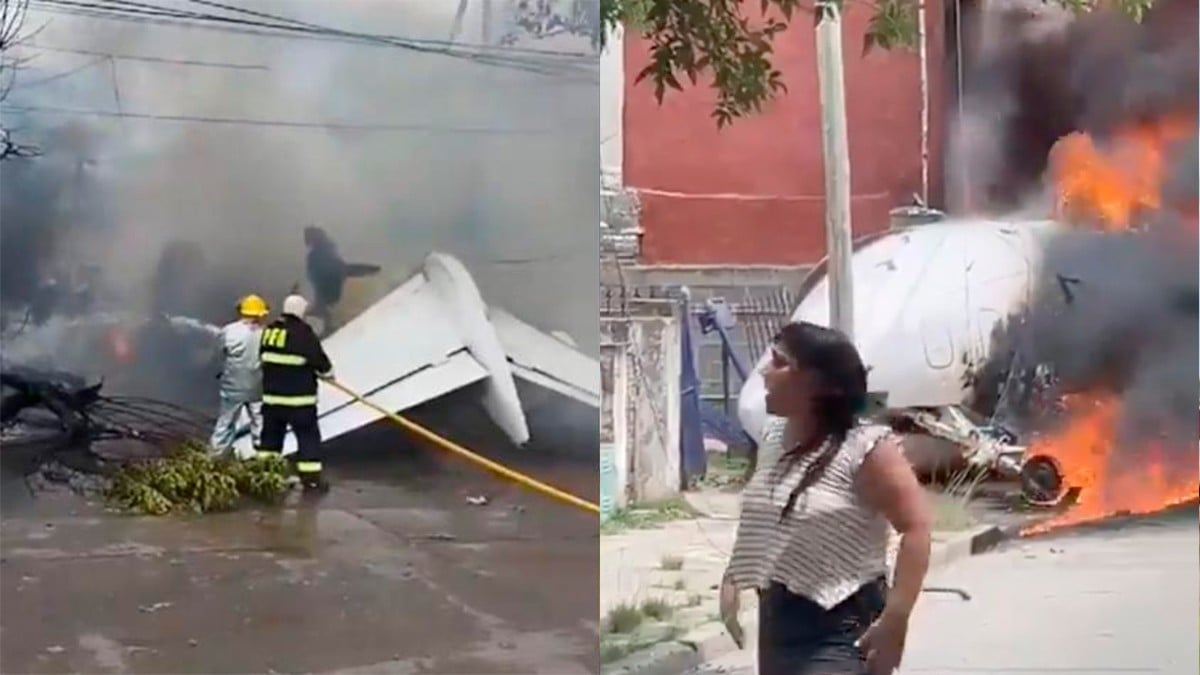 VIDEO Avión pierde el control al aterrizar y se estrella contra casas; reportan 2 muertos