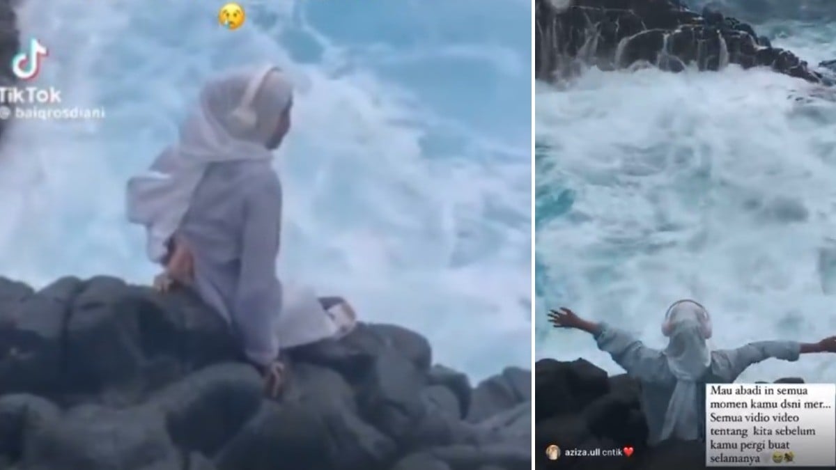 VIDEO Jovencita posaba para las fotos frente al mar y con audífonos y olas la arrastran