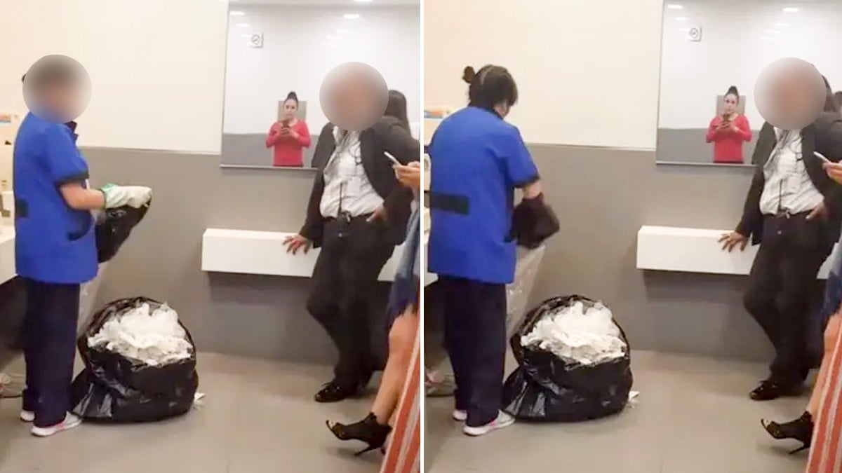VIDEO Por esta razón obligan a empleada de limpieza a revisar los papeles sucios del baño