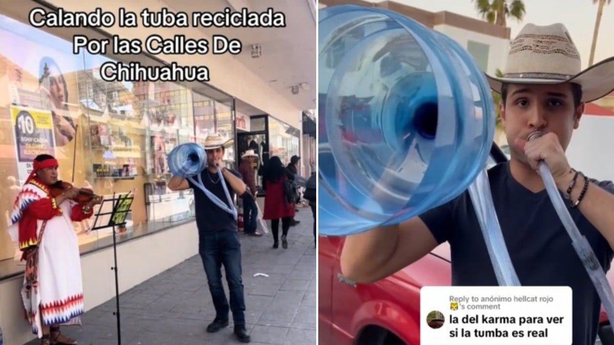 VIDEO Crea tuba con un garrafón y deslumbra con su música en las calles, se hace viral