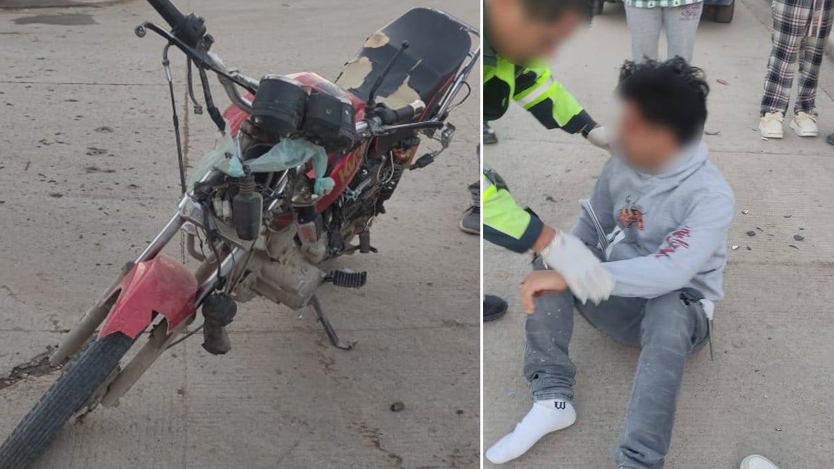 ¡El casco destrozado! No alcanza a frenar moto y choca con camioneta en Lomas de Medina
