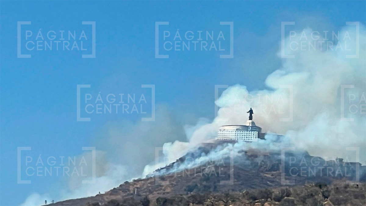 Incendio de pastizal envuelve el Cerro del Cubilete en una densa columna de humo