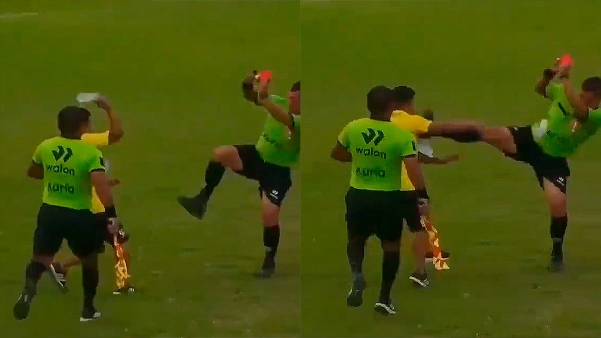 VIDEO Arbitro responde con una patada de karate tras intento de botellazo en pleno partido