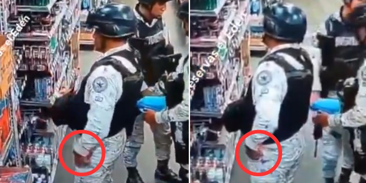VIDEO ¡Pensaba que no lo veían! Elemento de la GN roba en un Bodega Aurrera