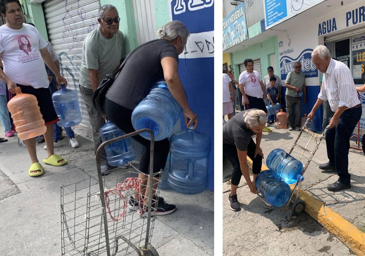 En silla de ruedas, diablitos o carriolas, saturan negocios de agua purificada por escasez