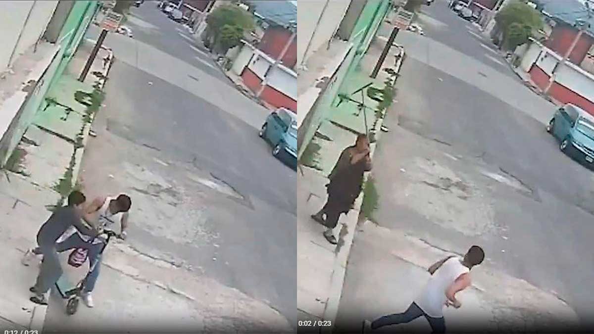VIDEO Evita abuelita que roben a su nieto; usó un jalador para ahuyentar al ladrón