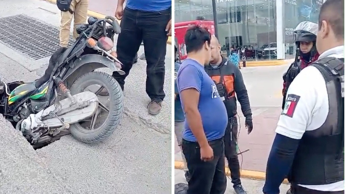 Joven iba en su moto cuando de pronto se abrió un socavón en López Mateos, esto le pasó