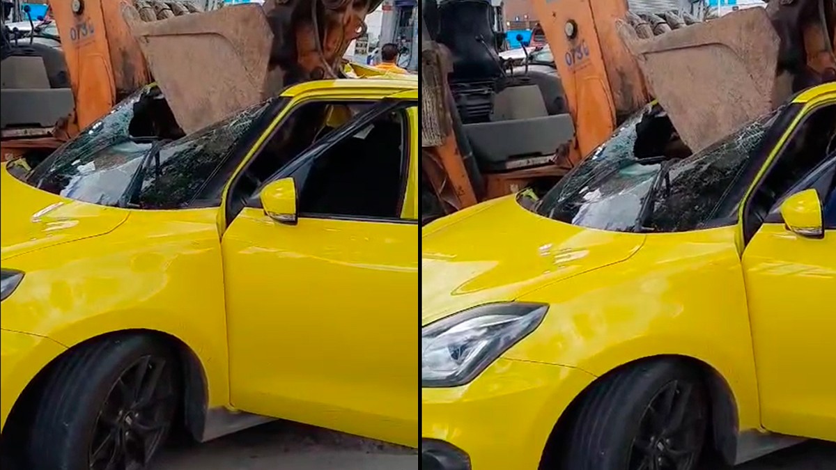 VIDEO El carro quedó destrozado: auto compacto choca contra excavadora y provocan caos vial