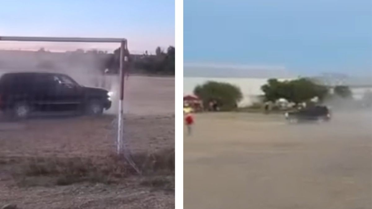 VIDEO ‘Te van a dar un disparo’, camioneta embiste a 2 personas en cancha de futbol