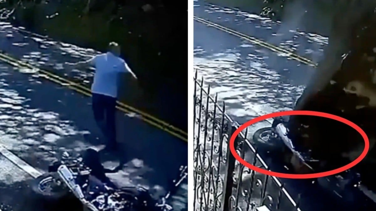 VIDEO ¡Casi lo aplasta! Por cuestión de segundos, roca gigante casi cae sobre motociclista