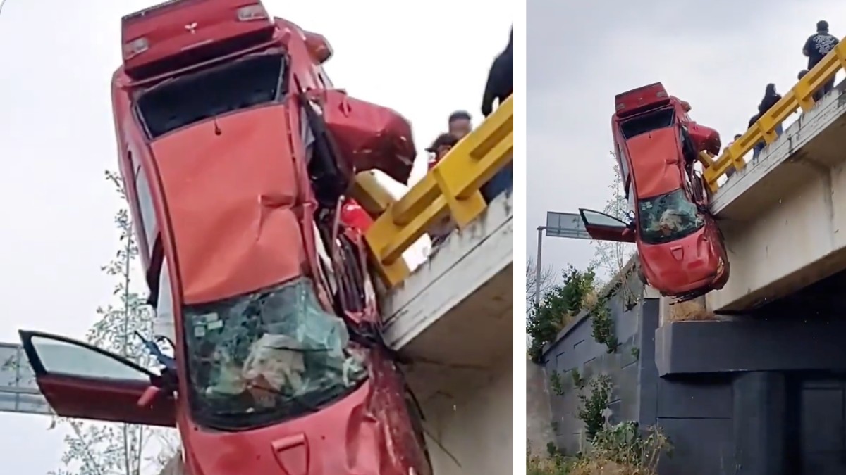Accidente en San Pedro Cholula: Auto casi cae de puente en autopista