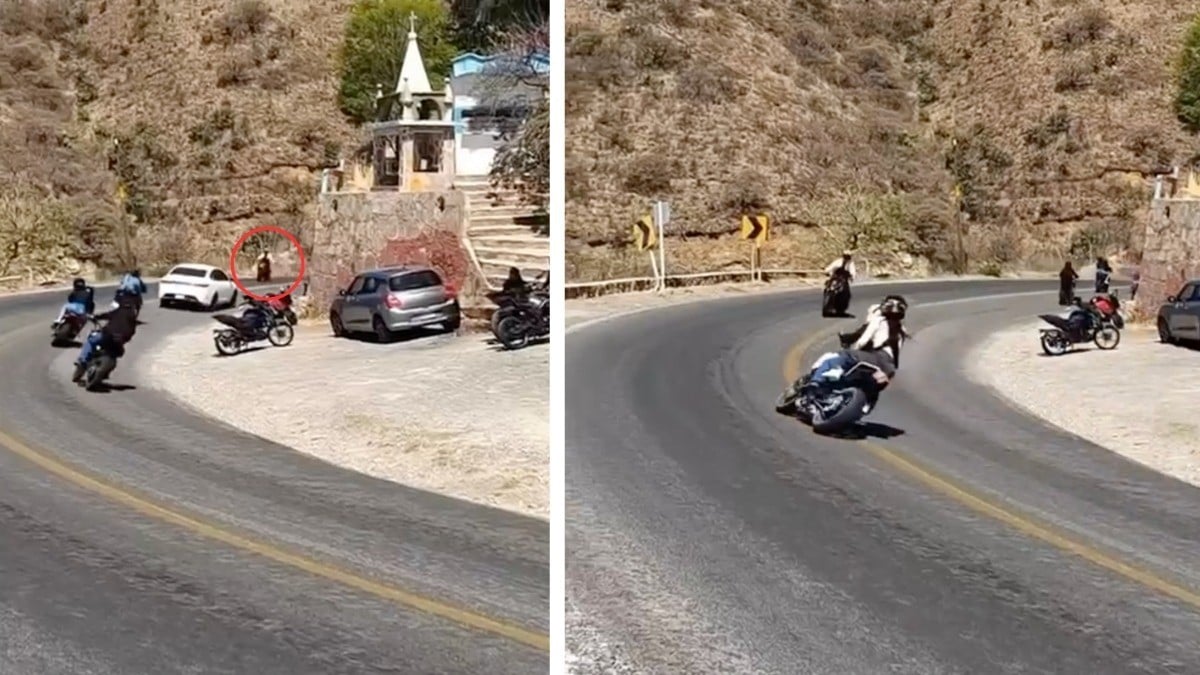 VIDEO Choque de motos en curva de Sierra de Lobos quedó grabado; menores salieron volando
