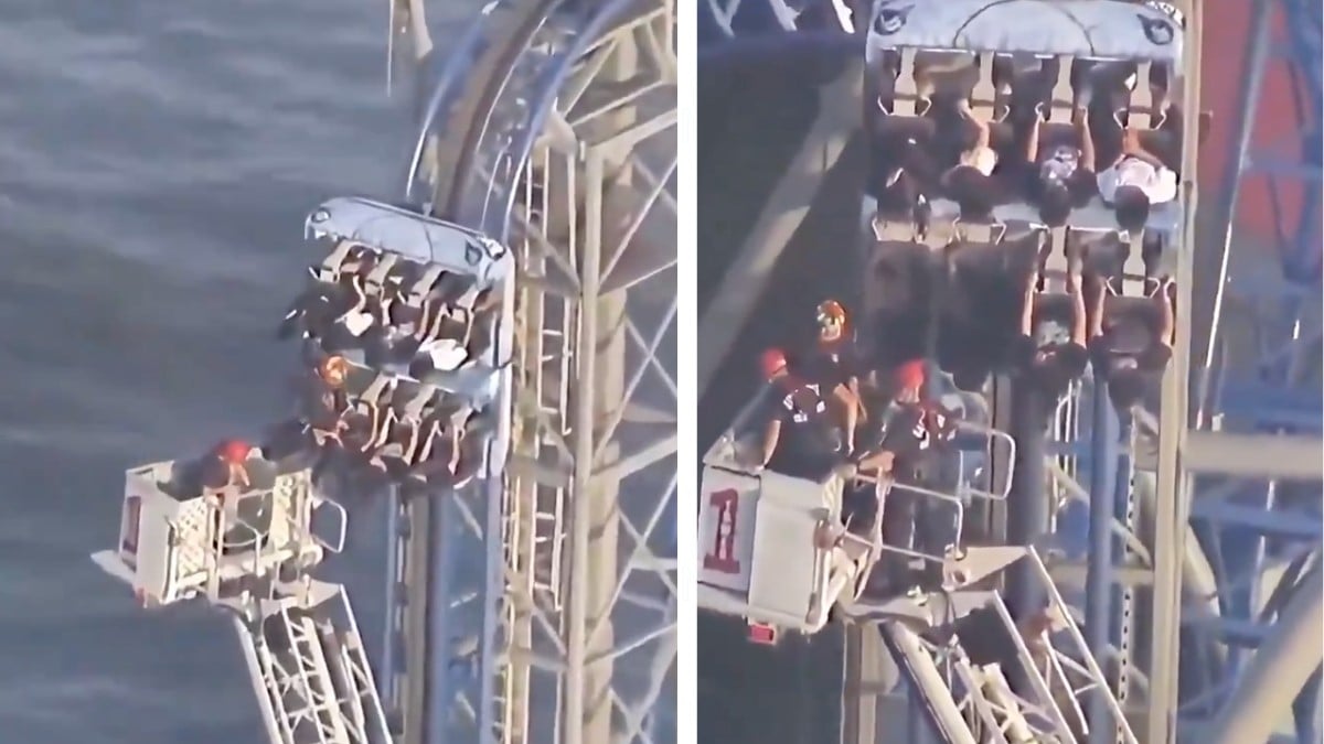 VIDEO ¡Justo en la subida! Estudiantes quedan atrapados en montaña rusa a 30 metros