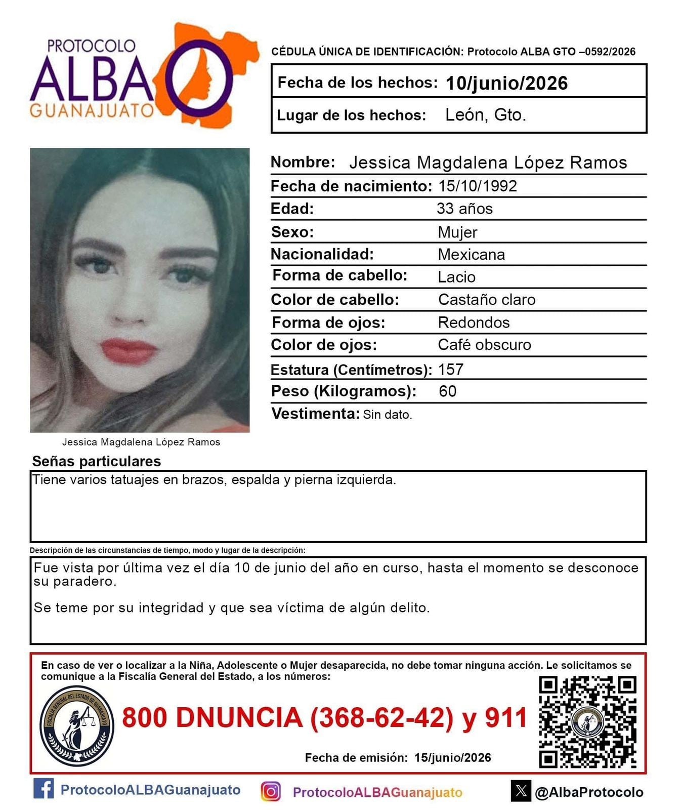 Activan Protocolo Alba para localizar a Jessica Magdalena López Ramos en León
