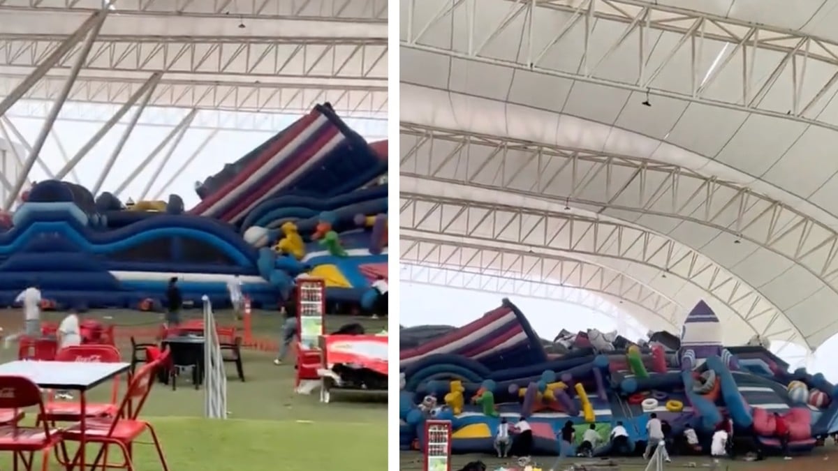 VIDEO ¡Aterrador! Brincolín con niños adentro fue arrastrado por el viento; todos gritaban