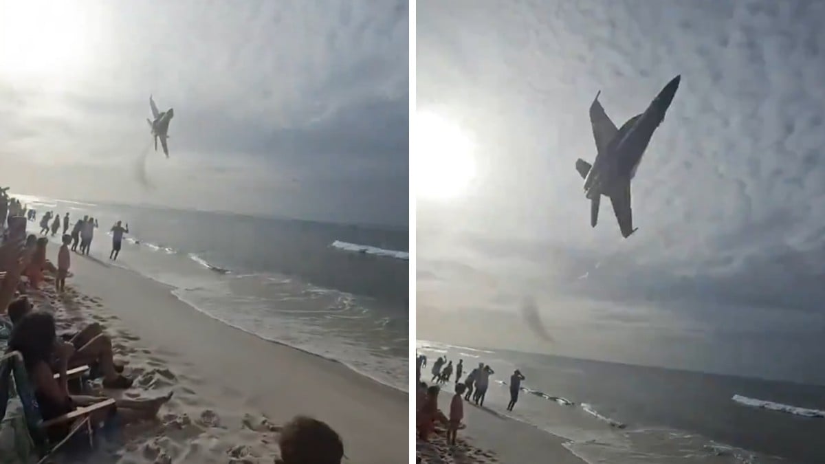 VIDEO ¡Les pasó por encima de la cabeza! Captan a jet militar volando bajo en una playa