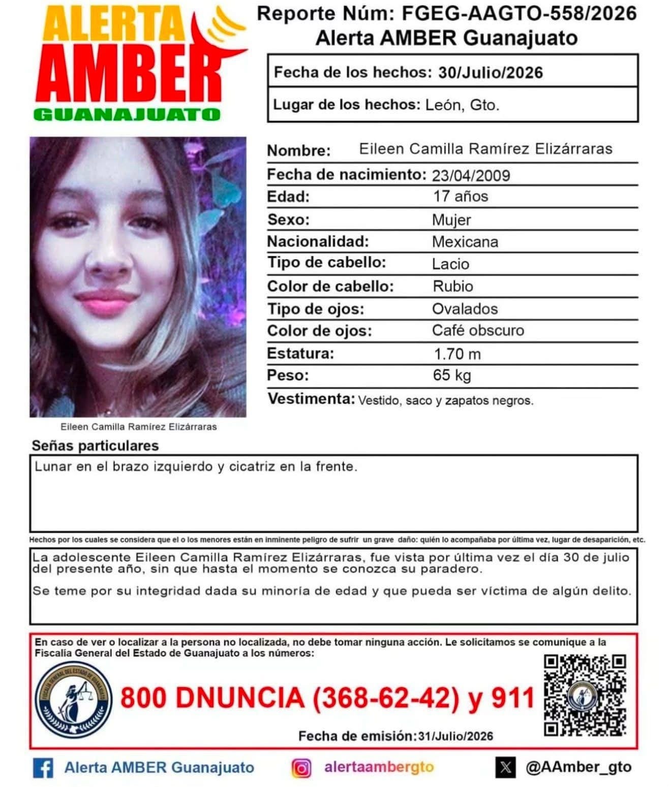 Activan Alerta AMBER para localizar a adolescente desaparecida en León