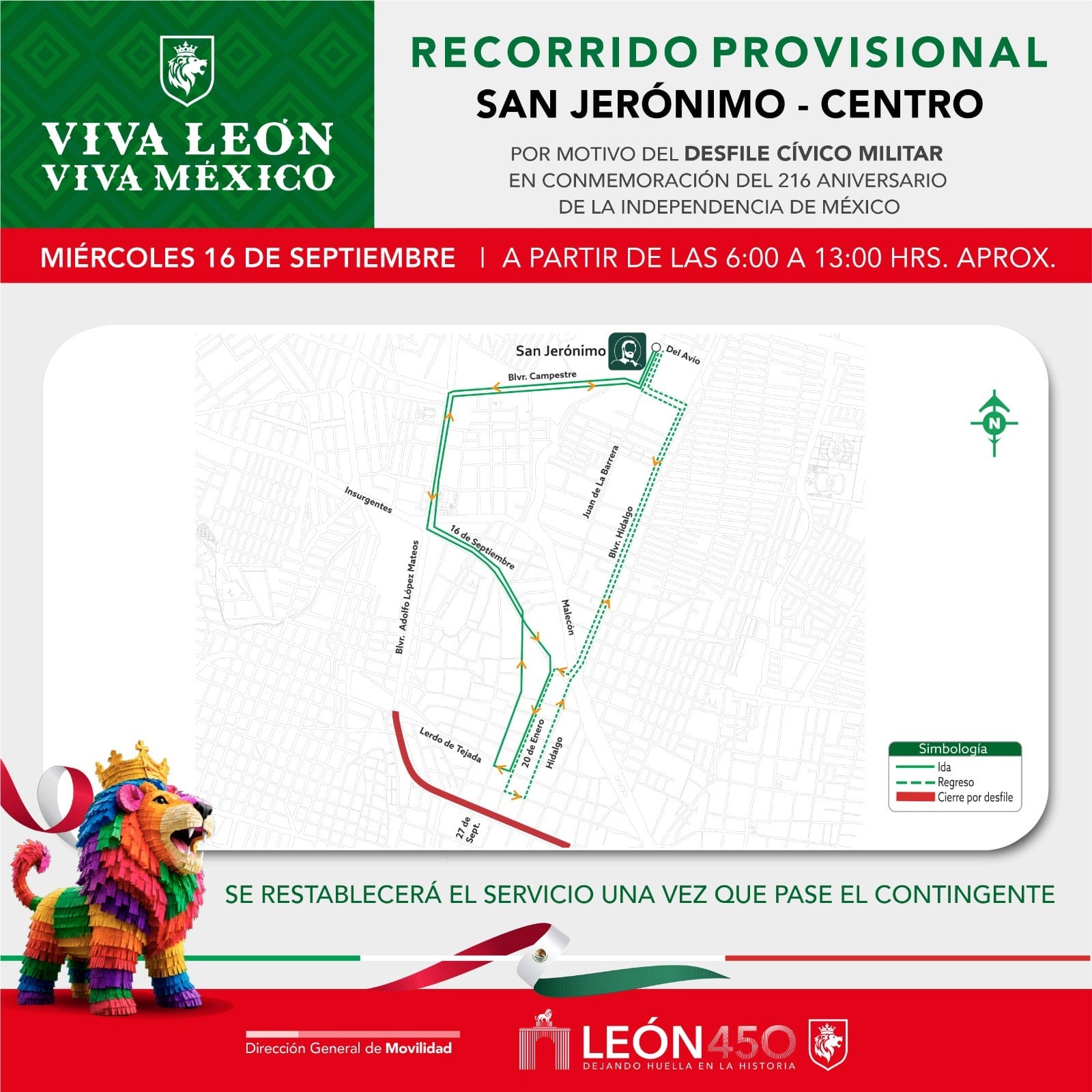 León aplicará desvíos al transporte público durante desfile de Independencia