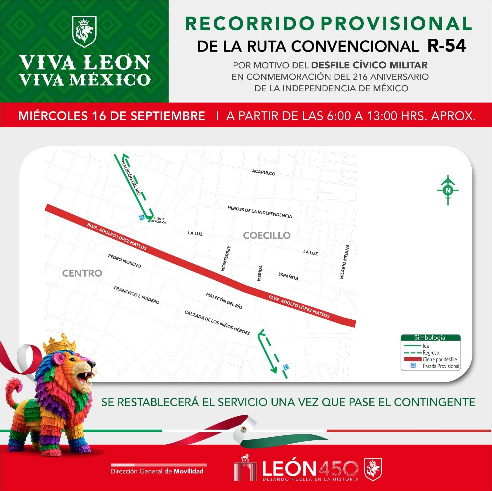 León aplicará desvíos al transporte público durante desfile de Independencia