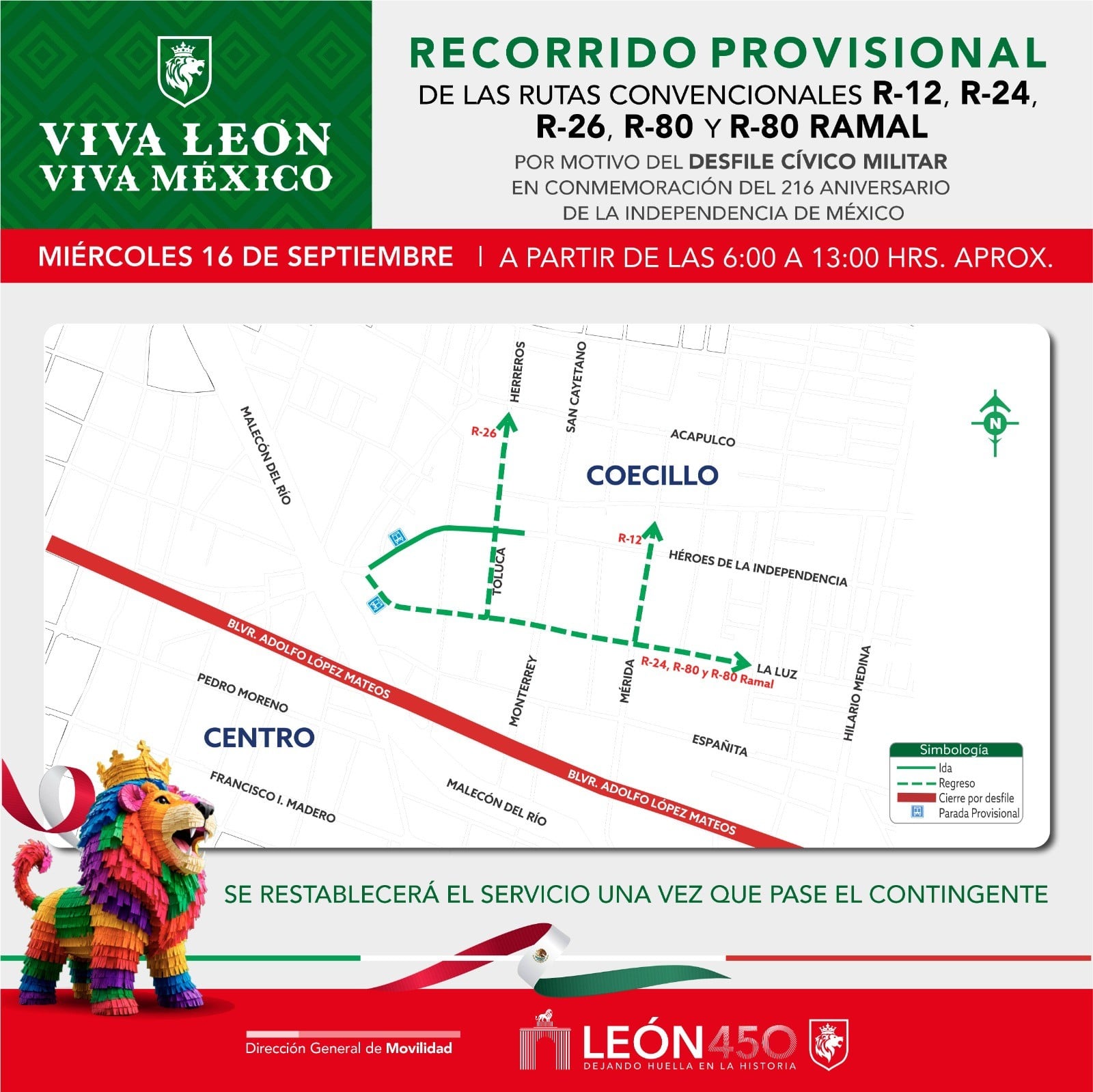 León aplicará desvíos al transporte público durante desfile de Independencia