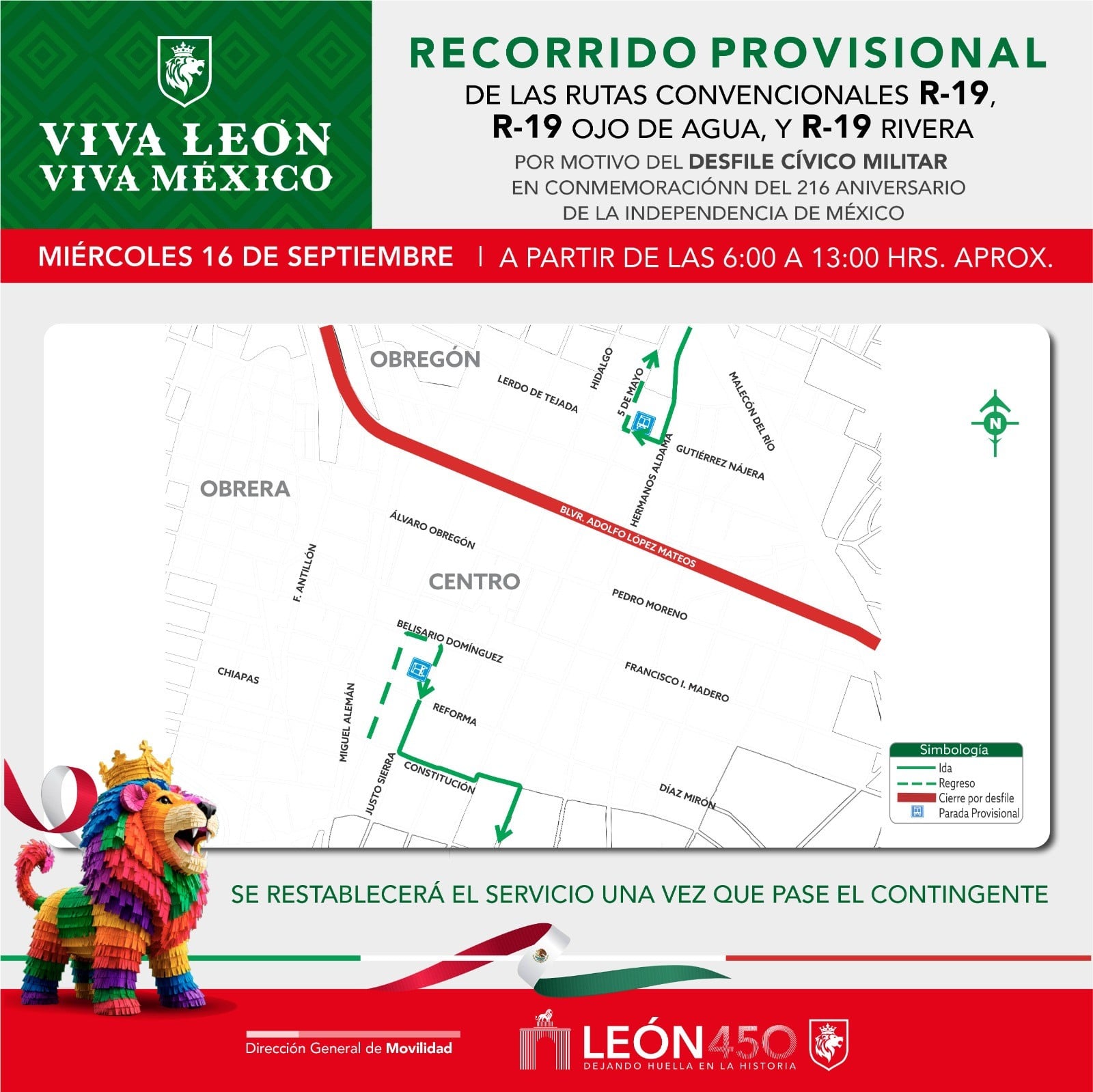 León aplicará desvíos al transporte público durante desfile de Independencia