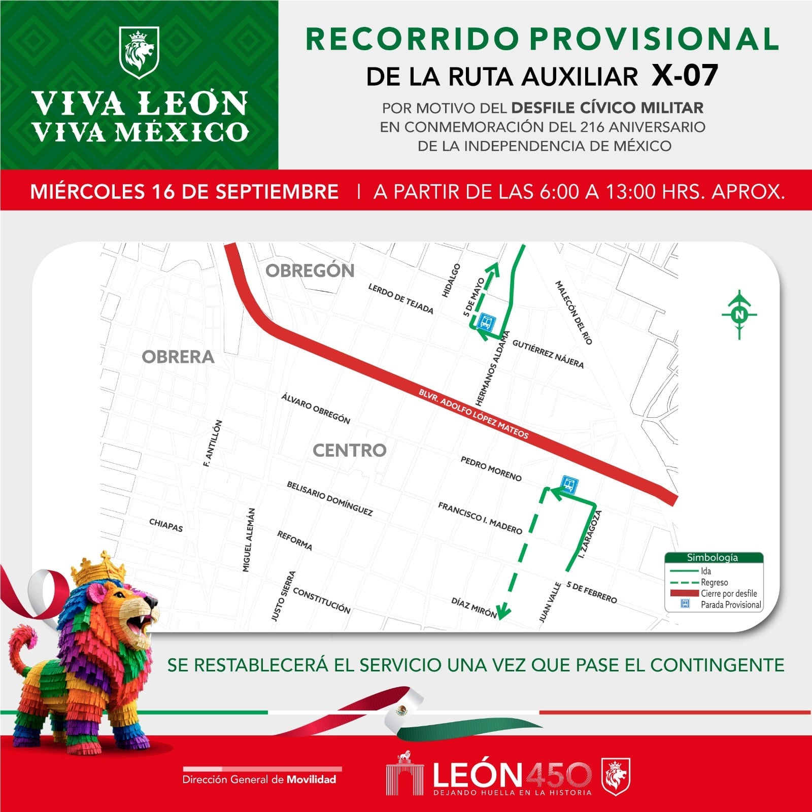 León aplicará desvíos al transporte público durante desfile de Independencia