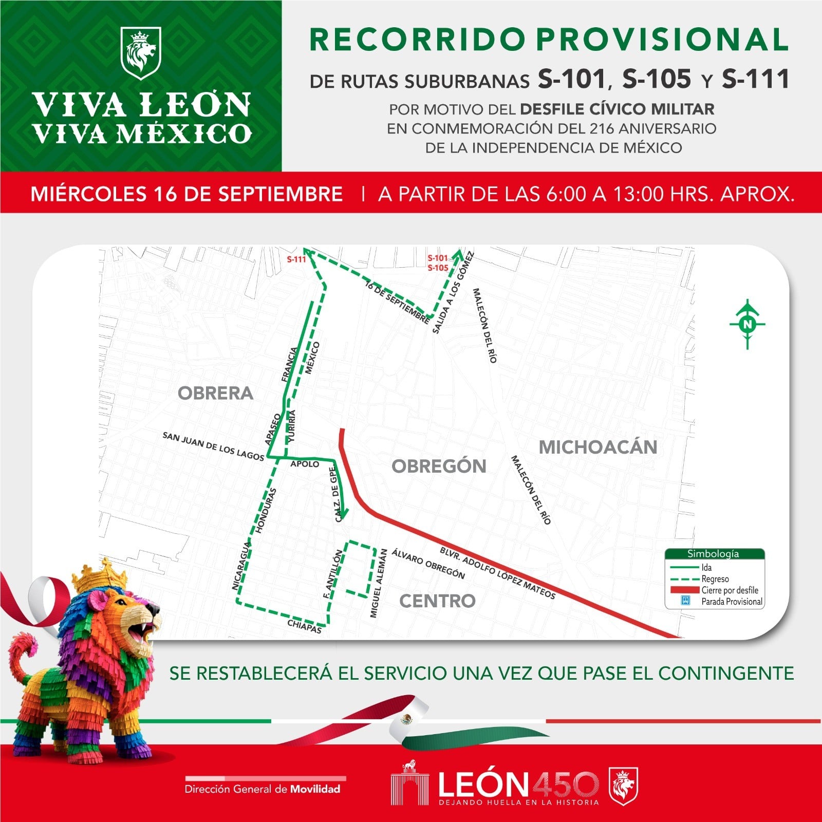 León aplicará desvíos al transporte público durante desfile de Independencia