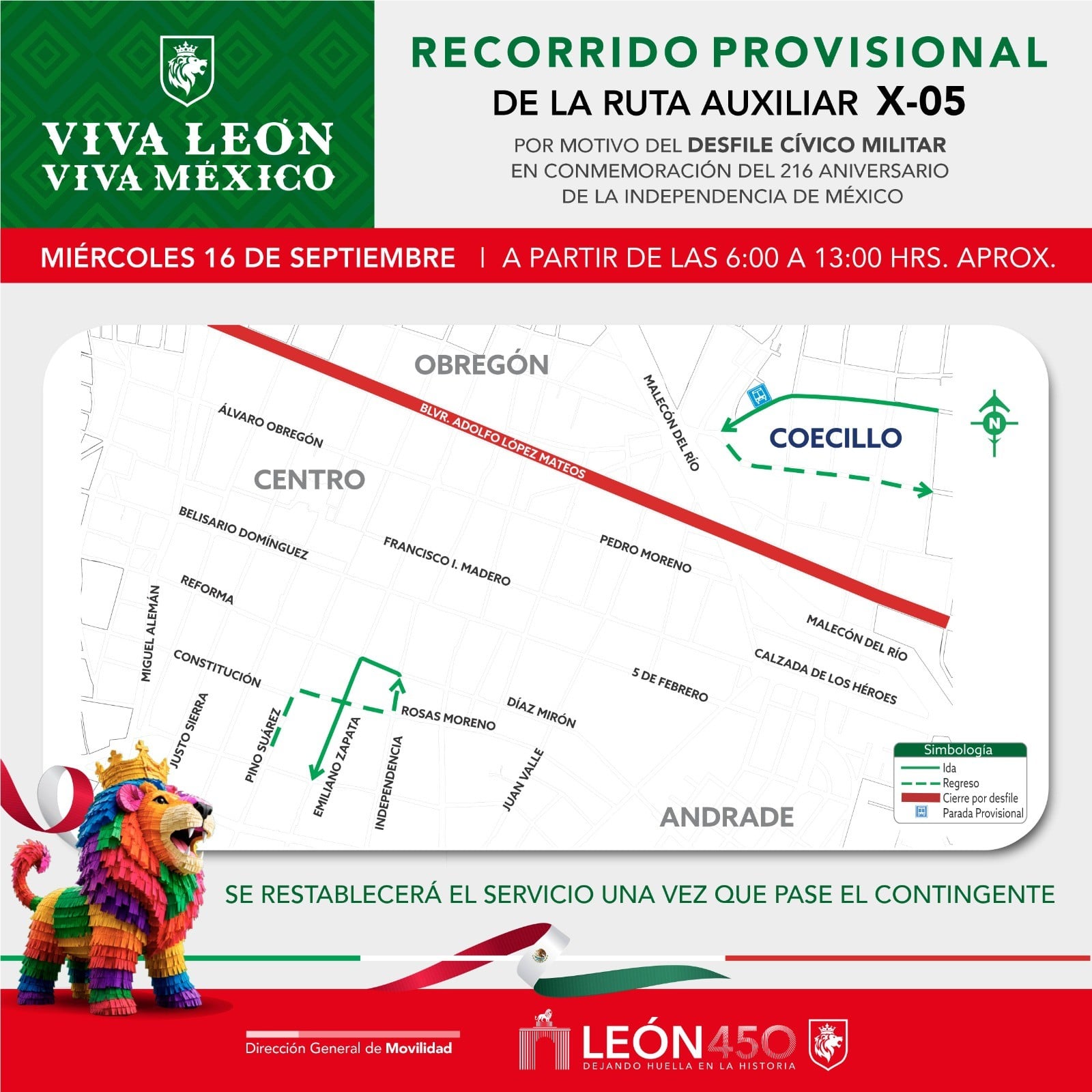 León aplicará desvíos al transporte público durante desfile de Independencia