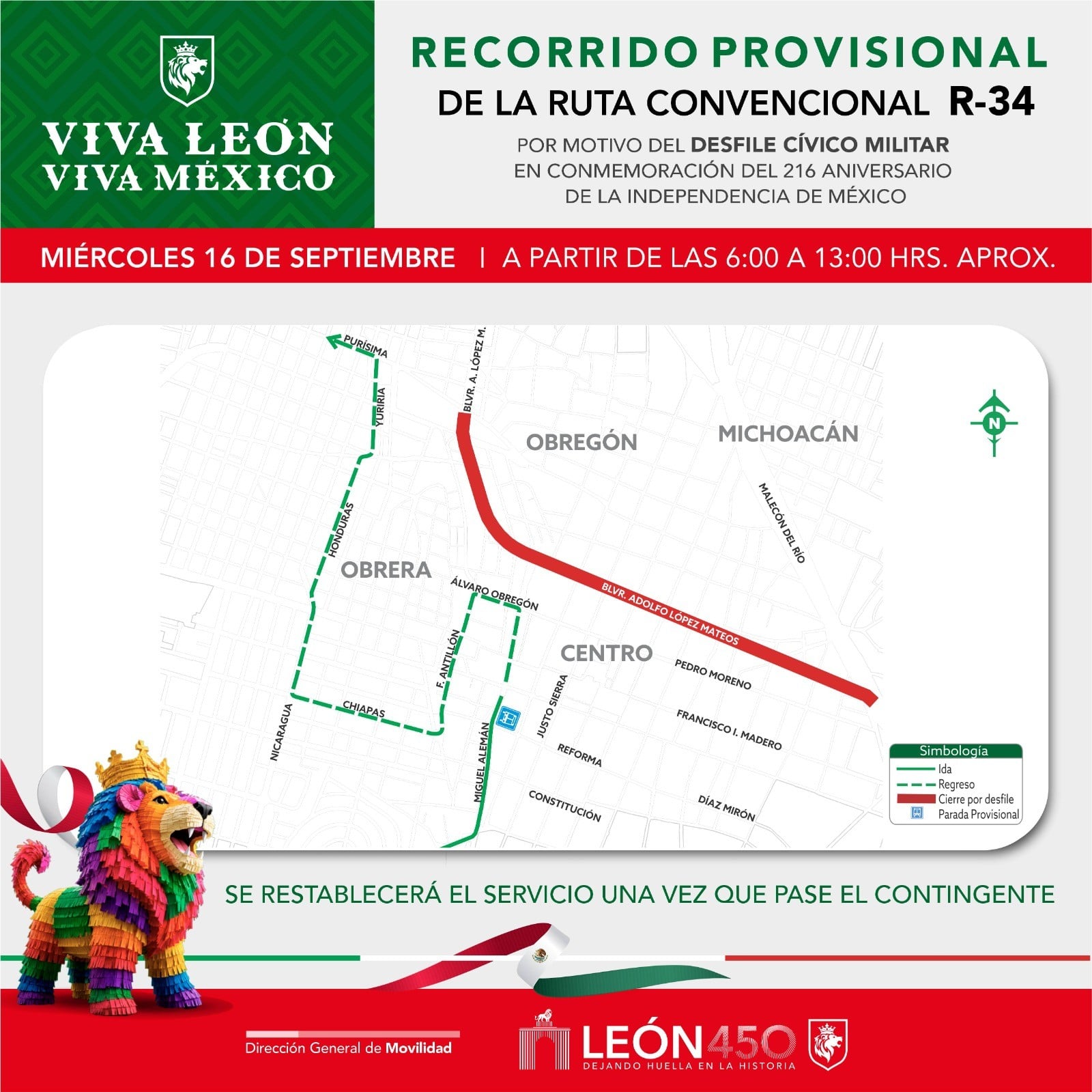 León aplicará desvíos al transporte público durante desfile de Independencia