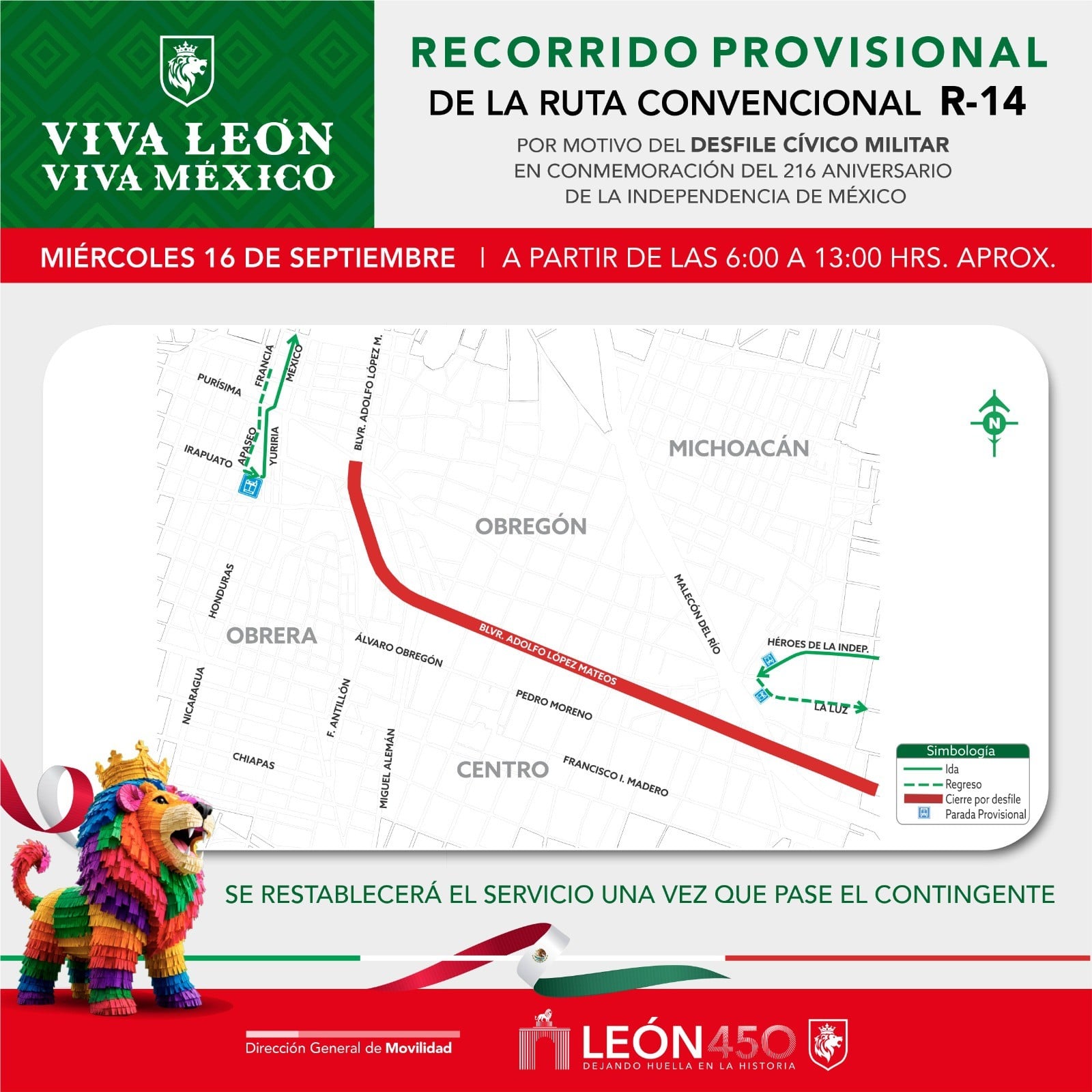 León aplicará desvíos al transporte público durante desfile de Independencia