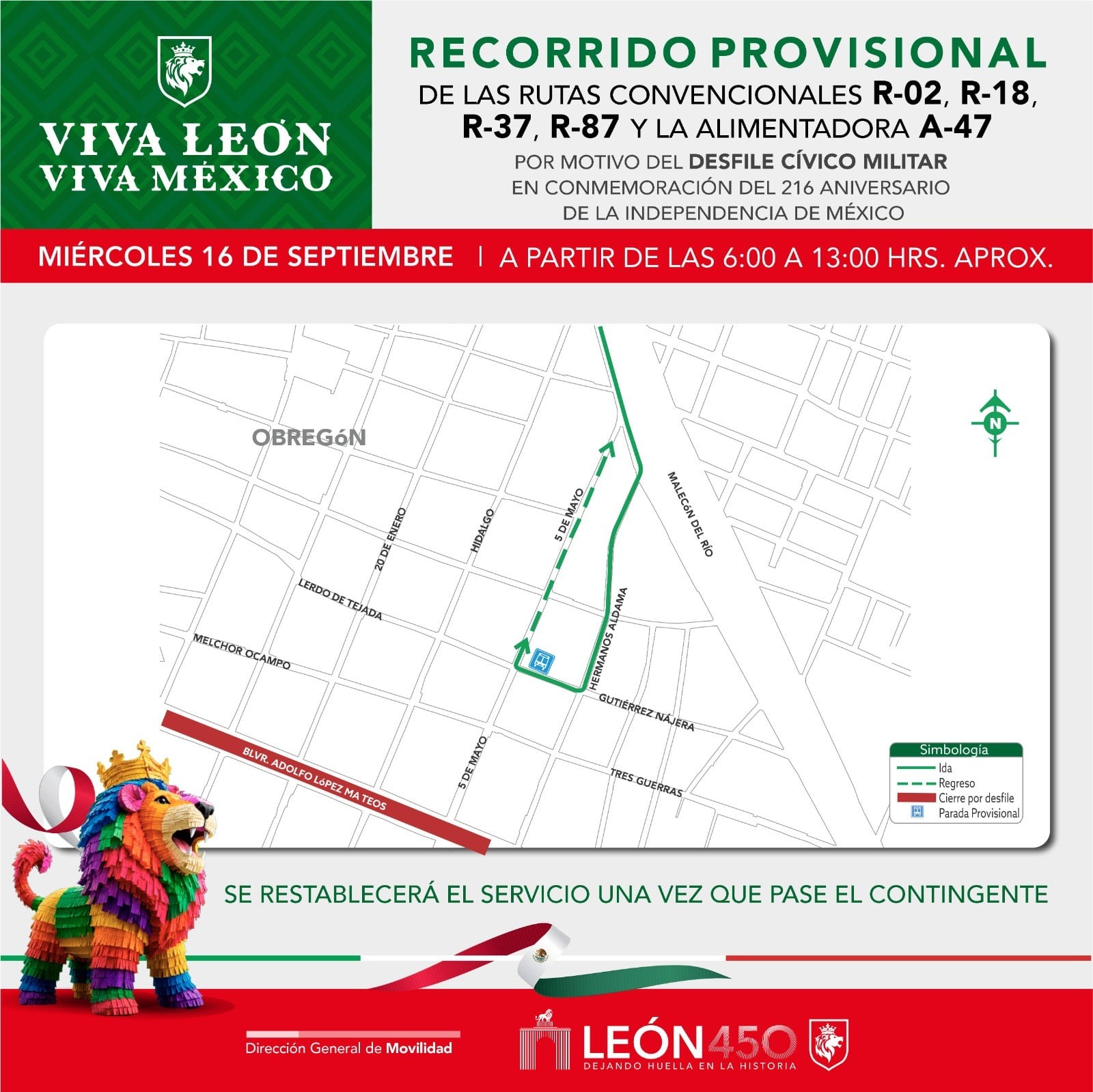 León aplicará desvíos al transporte público durante desfile de Independencia
