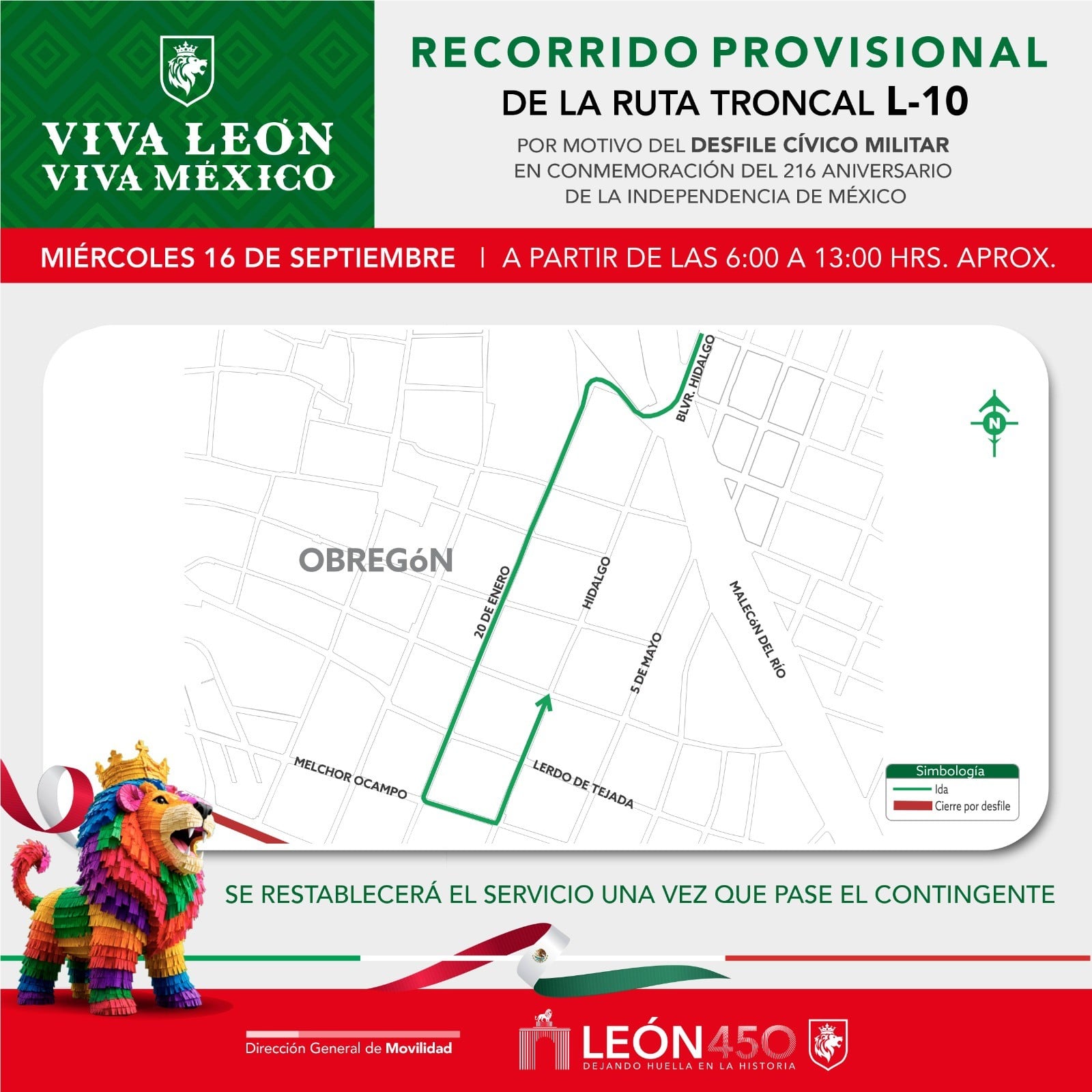 León aplicará desvíos al transporte público durante desfile de Independencia