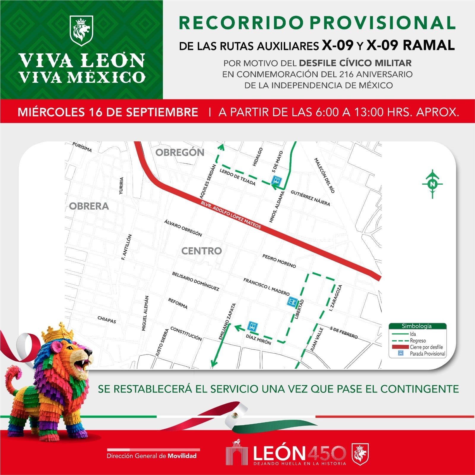 León aplicará desvíos al transporte público durante desfile de Independencia