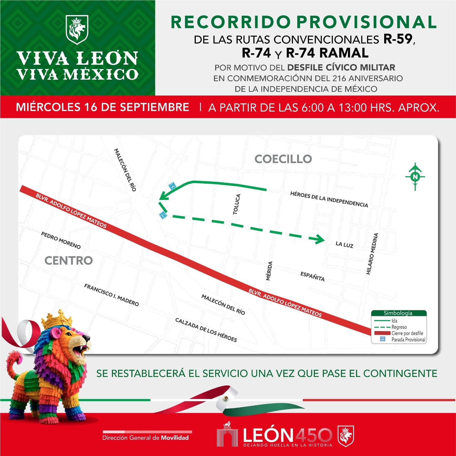 León aplicará desvíos al transporte público durante desfile de Independencia