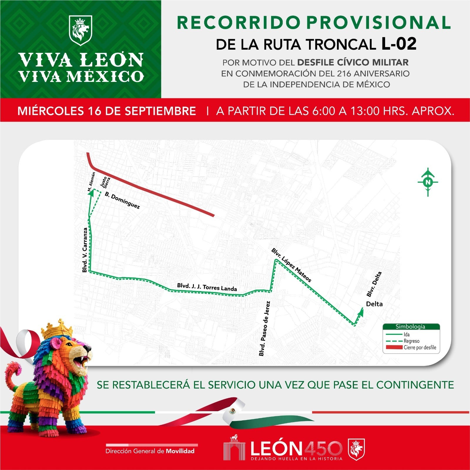 León aplicará desvíos al transporte público durante desfile de Independencia